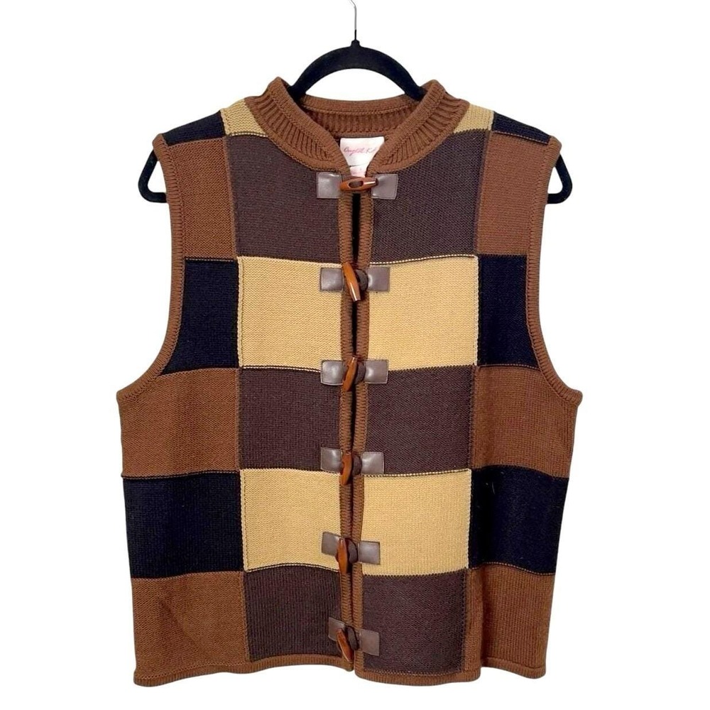 Crystal Kobe Vintage Sweater Vest Women L Checkerboard Wood Toggle Dark Academia